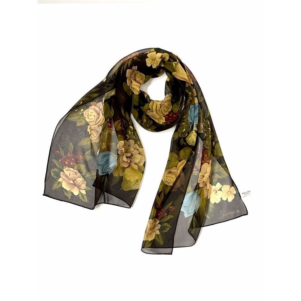 Ann Taylor Silk Chiffon Black Scarf  Floral Print Japan Lightweight 16,5x 58"